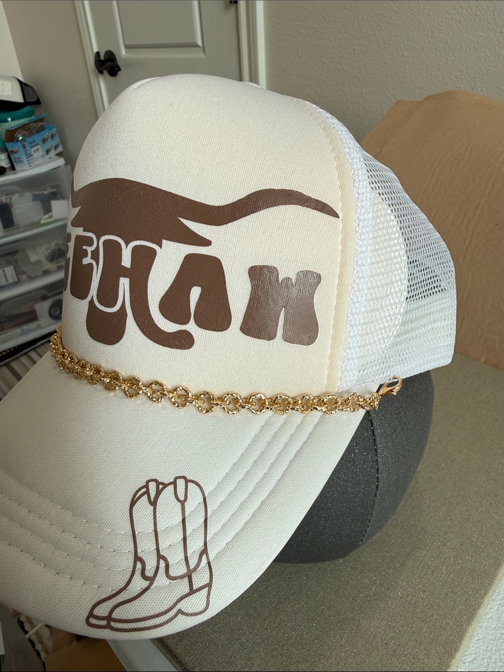 Yeehaw White Trucker Hat with Brown Logo & Gold Chain - Picture 2 of 3